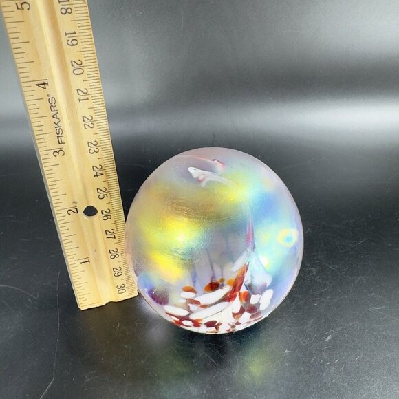 Hand Made Art Glass Paperweight Orb Polished Bottom Iridescent Glass Decor VTG - Picture 7 of 15
